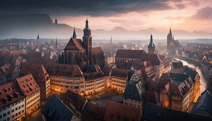 Fototapeta premium Aerial View of Nuremberg City with Church, Buildings, and River at Dusk