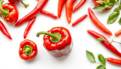 Single vibrant red bell pepper, isolated on pure white background, smooth, still life