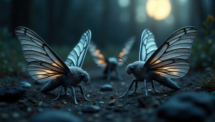 Blue Moths Around Glowing Moon for Mystical Posters and Fantasy Book Covers