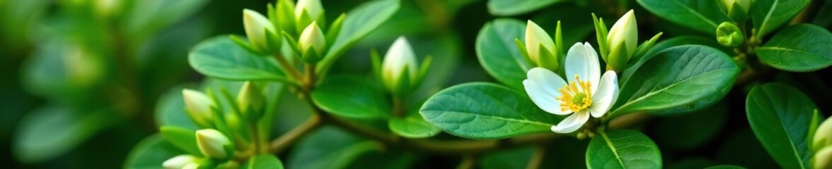 White petals unfolding from tightly closed buds on a dense green shrub, blooming, floral, nature