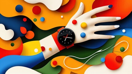 A hand rests gracefully, its wrist adorned with a sleek watch, surrounded by a whirlwind of bold colors and whimsical shapes that evoke a sense of creativity and fun.