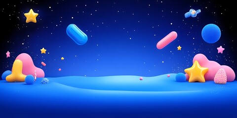 Fototapeta premium Dreamscape illustration with stars and colorful 3D geometric forms