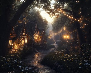 Enchanted forest village at dusk.  String lights illuminate a quaint cottage and pathway. Magical, dreamy atmosphere.