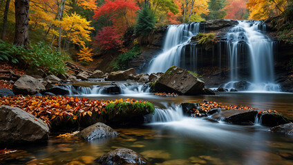 Autumn leaves surround a multi-tiered waterfall cascading into a clear stream. The forest scene has soft lighting, suggesting a calm and natural environment.