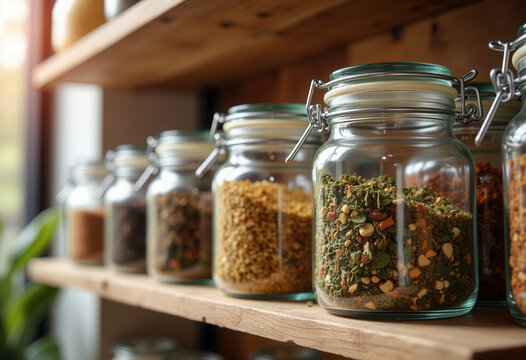 Organized Glass Jars With Dried Herbs On Wooden Shelf For Kitchen Decoration And Culinary Blogs