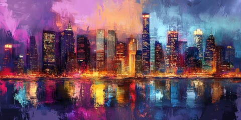 Fototapeta premium Panoramic cityscape, futuristic skyscrapers illuminated by innovative lighting, seamlessly blending modern technology with everyday simplicity, digital painting, vibrant colors