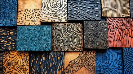Colorful woodblocks with intricate patterns, blending various styles and textures, create a captivating display in an artisan studio, inviting exploration and appreciation of craftsmanship.