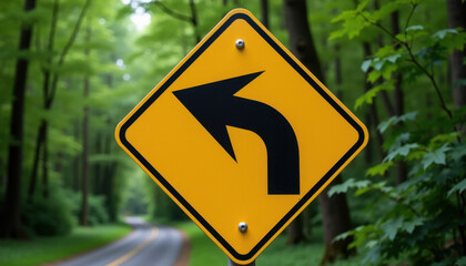 Yellow Curved Road Warning Sign in Forest Setting for Driver Education Materials and Safety Campaigns