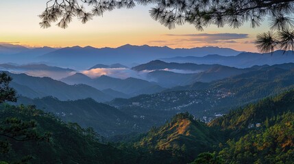 4K HD realistic center photo of the breathtaking mountain ranges of Baguio, Philippines, captured at sunrise. The golden hues of dawn blend seamlessly 