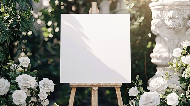 A 24 inches width by 36 inches height vertical orientation blank white canvas on an easel surrounded by white roses with an ornate marble 