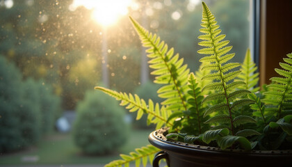 Fern Plant in Golden Sunlight Through Window for Nature Photography and Wellness Blogs