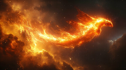 A majestic fiery phoenix soaring through a cosmic landscape filled with swirling clouds and stars