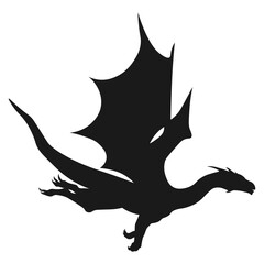 Flying Dragon Silhouette Isolated on White Background.