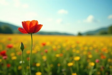 A solitary flower blooms in a vast, empty field, scenery, calm