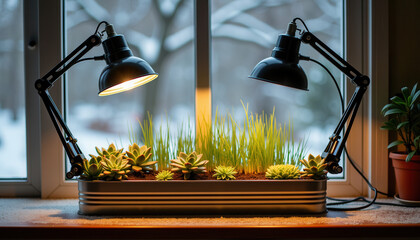 Seedlings growing under dual desk lamps for home office gardening blogs and small space cultivation