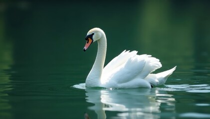 Naklejka premium Graceful white swan glides across calm lake water , summer, water