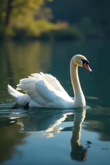 Fototapeta premium Graceful white swan glides across calm lake, reflections visible , wild, pond