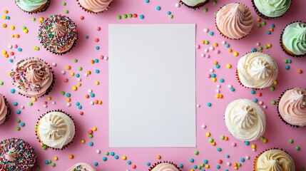 A blank white 8.5 x 11 sheet of paper on a pastel pink backdrop, encircled by pastel cupcakes. The background features a mix of sprinkles.