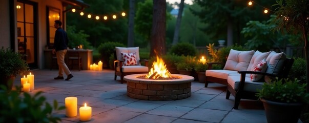 Soft candlelight on paved patio surrounding a fire pit, summer, evening