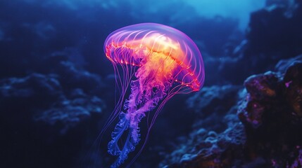 Obraz premium A glowing bioluminescent jellyfish drifting in a dark