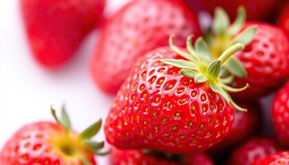 Single ripe strawberry, vibrant red, fresh, juicy, isolated, macro, summer