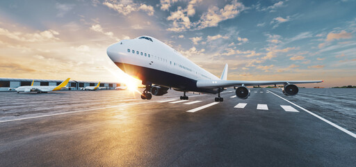 3D Illustration of Airplane Takeoff on Runway at Sunset