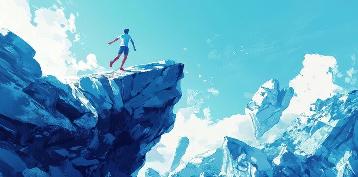 A lone figure is running toward the cliff edge ahead