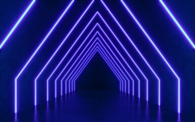 interior empty space with blue lighting tunnel, 3d rendering