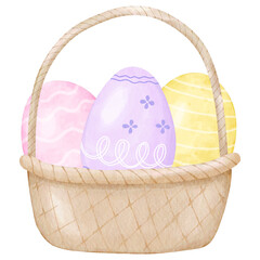 Watercolor Vintage Easter basket filled with pastel eggs