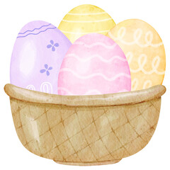 Watercolor basket filled with colorful easter eggs illustration