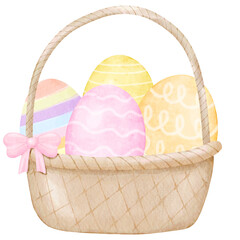 Easter eggs in wicker basket with pink ribbon bow watercolor style