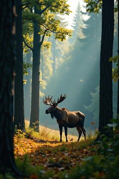 Tall trees envelop a majestic moose in the clearing, leaves, nature, forest