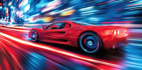 A red sports car speeding down a vibrant colored street