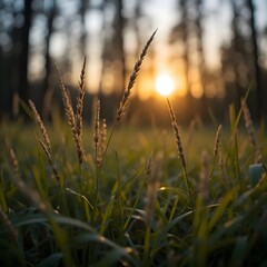 Fototapeta premium Golden Sunset Illuminates Wild Grass in Forest, Macro View with Shallow Depth of Field Serenity