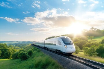 Naklejka premium sleek modern train glides smoothly along picturesque countryside railway track framed by greenery under serene blue