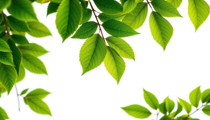 Fototapeta premium Vibrant green leaves, intricate details, crisp white backdrop, twig, closeup