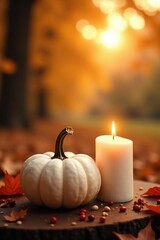 White pumpkin and white candle against autumn sky, warm glow, natural light