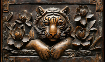 Detailed wooden carving of a tiger surrounded by lotus flowers, showcasing intricate craftsmanship