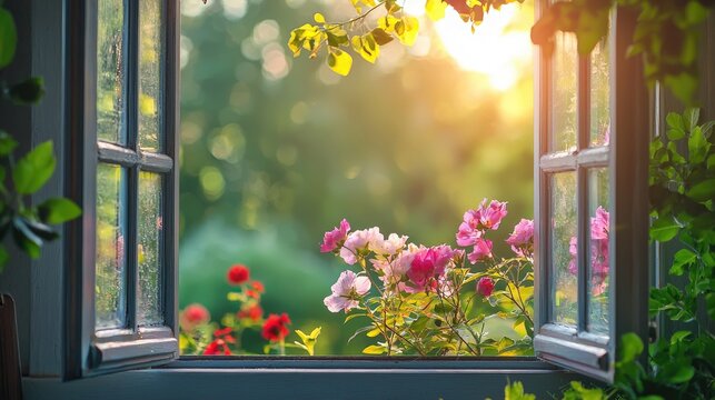 Fototapeta A close-up of an open window frame with flowers outside.