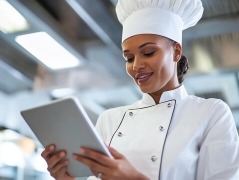 Mid adult female chef holding digital tablet while discussing with team in kitchen - ai