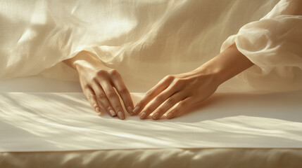 A fine-art photography shot of a woman's hands delicately placed over a blank sheet, soft focus on fingertips, neutral-colored background