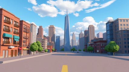 Cartoon Cityscape Sunny Day on a Low-Poly Street with Skyscrapers