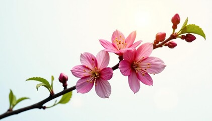 Obraz premium A branch with buds and flowers isolated on white background against a soft warm glow, greenery, ornamental