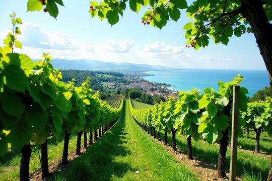 Vigneti in una collina con vista sul borgo e il mare, verde, vigneto