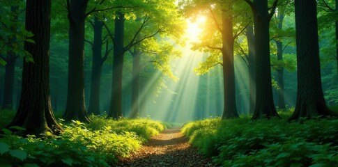 Obraz premium Dense forest with tall trees and sunlight filtering through, greenery, trees