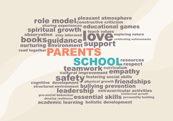 School and parents concept. Roles and responsibility. Tags cloud.