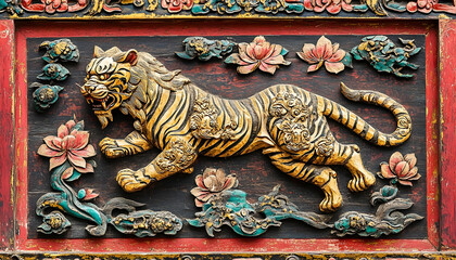 Fototapeta premium Ornate wooden carving of a tiger leaping amidst floral motifs, showcasing traditional craftsmanship