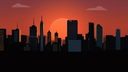 Silhouette City Skyline at Sunset - Urban Landscape Illustration