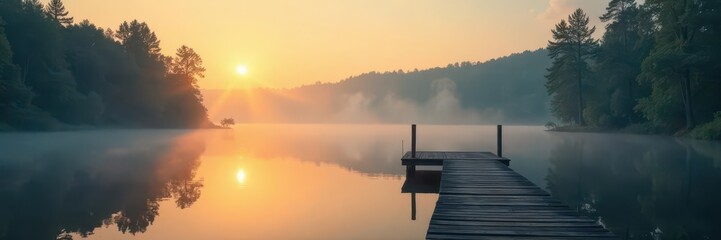 Obraz premium Sunlit cottage dock on misty clam lake; tranquil scene , beautiful, sky, sunrise