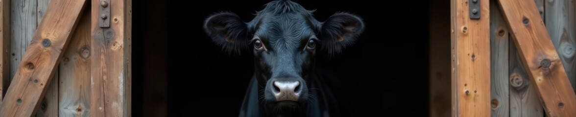 Intrigued black calf's face framed by barn wood, wildlife, bovine